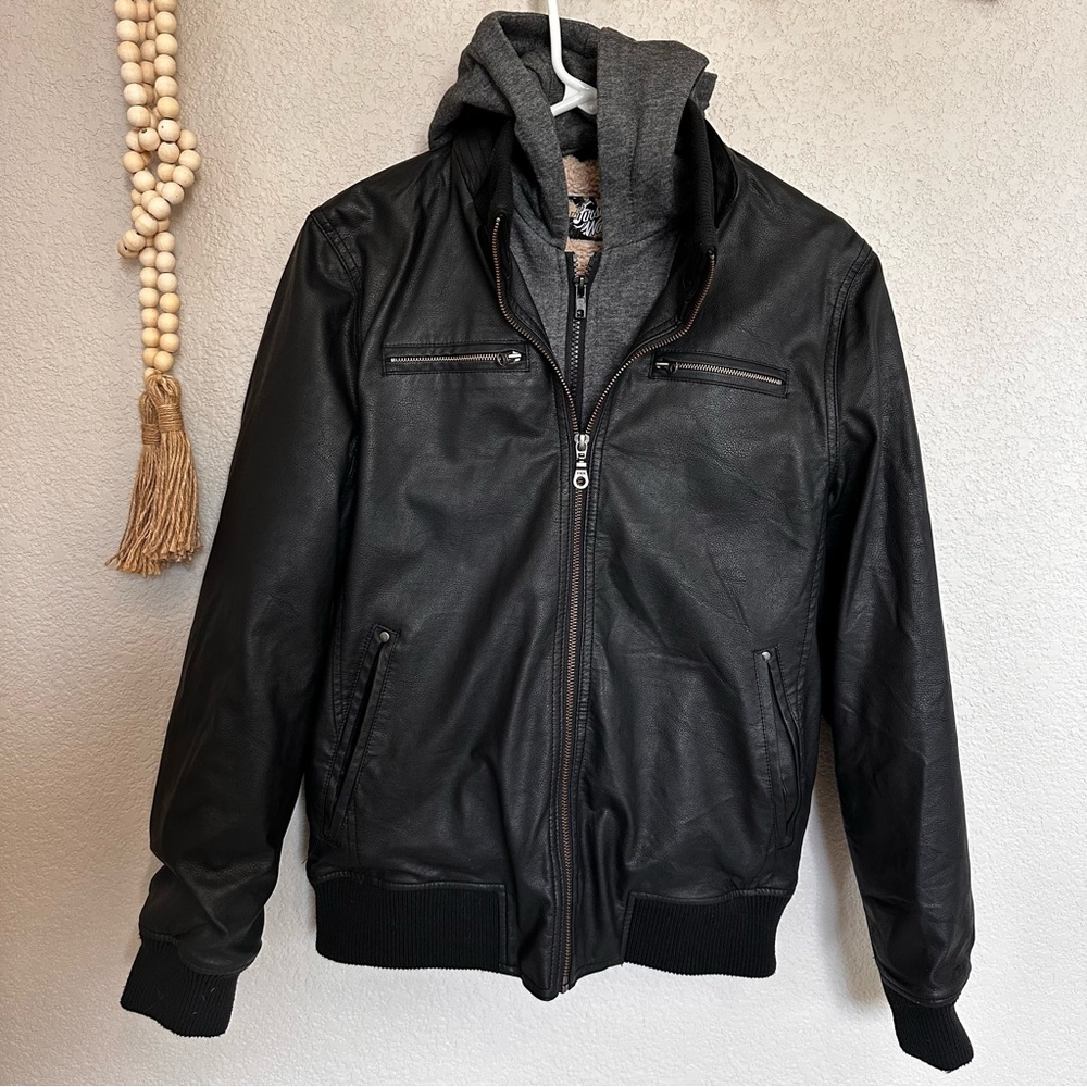 Boys Faux Leather Layered Bomber Jacket. Size 14-16